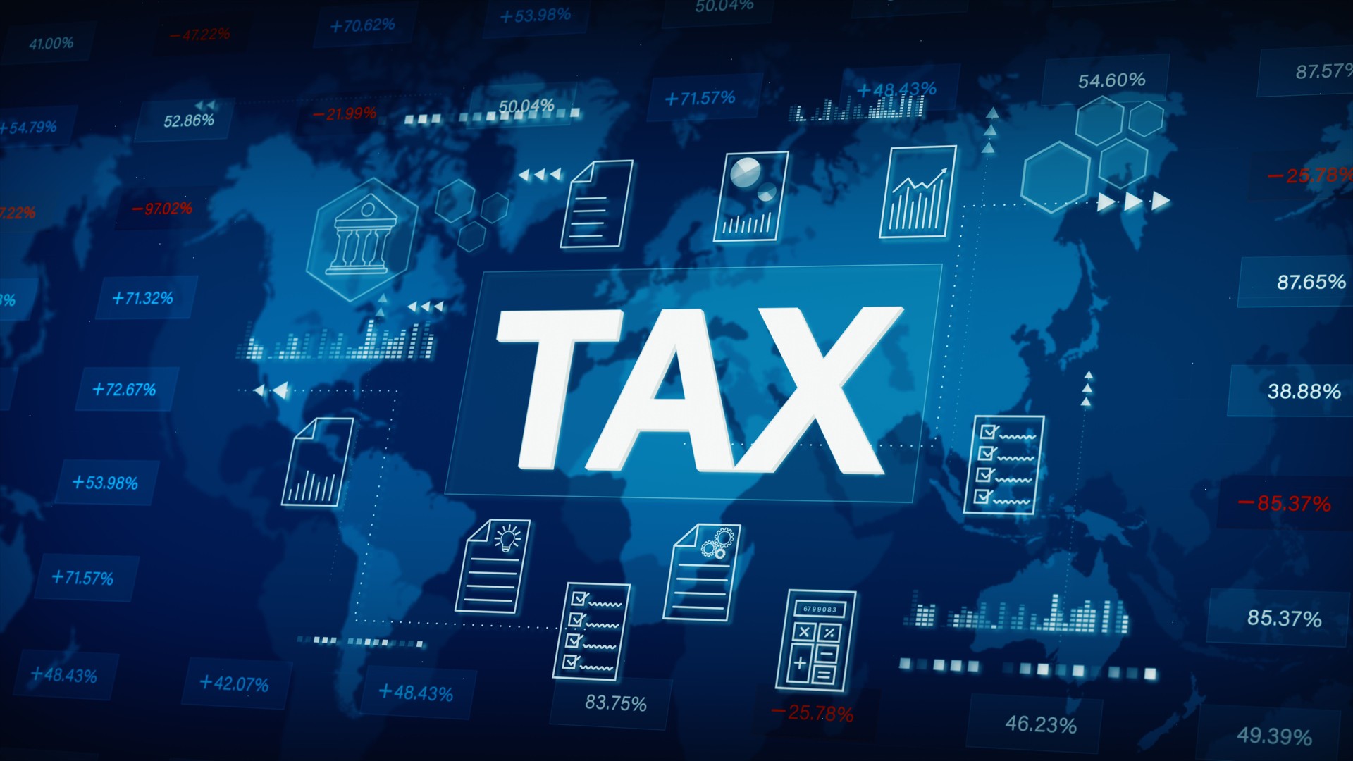 Digital concept of global tax system with charts, data analytics, and financial documents overlaying a world map. Perfect for finance, accounting, or taxation themes. 3d Rendering